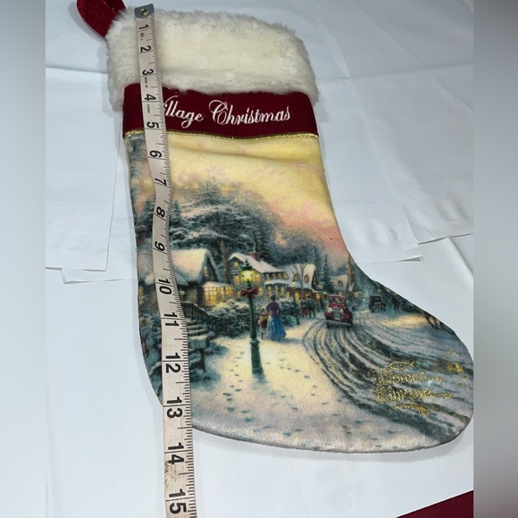 THOMAS KINKADE Village Christmas Fur Stocking Gold Embroidery 15"  Satin lining - Picture 7 of 15